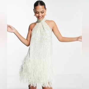 ASOS EDITION sequin halter mini dress with faux feather in sage green. US 4